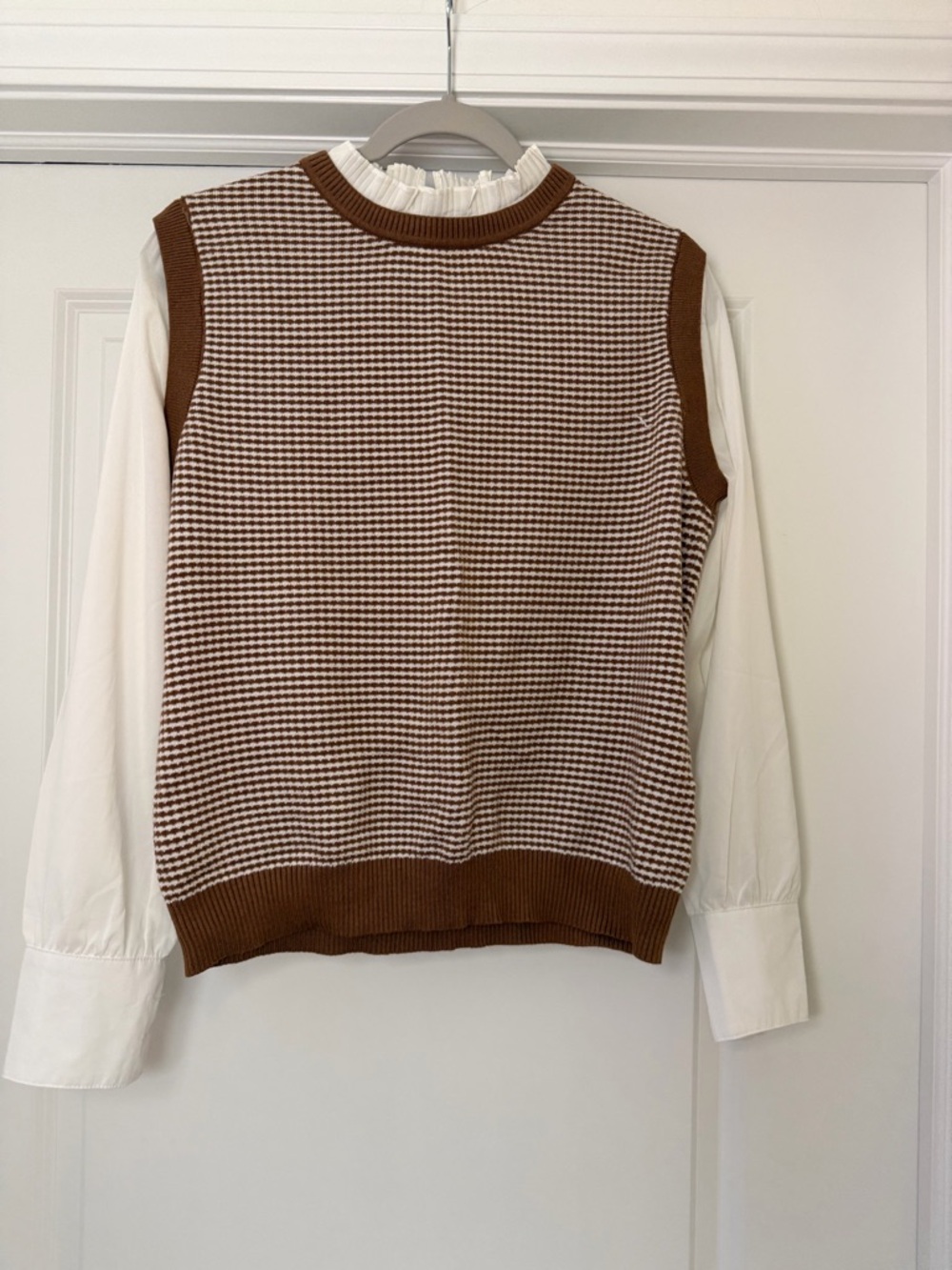 Sioni Brown and Cream Striped Knit Top with Ruffle Trim